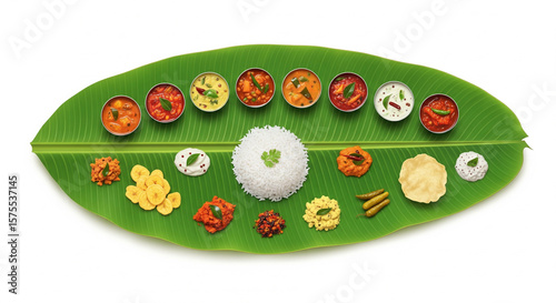 Detailed Onam Sadya Meal Illustration on Fully Intact Banana Leaf