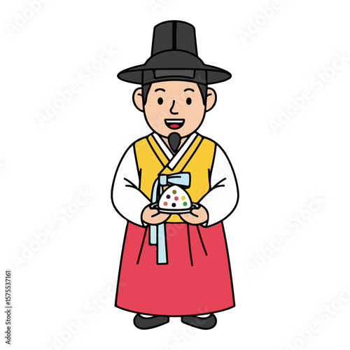 Character in Korean hanbok holding rice cake, Chuseok festival. Vector flat design cartoon. AI generated images. 