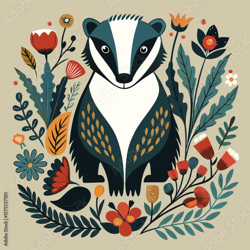 Charming badger graphic surrounded by stylized floral elements with a natural, folk art aesthetic, perfect for creative projects.