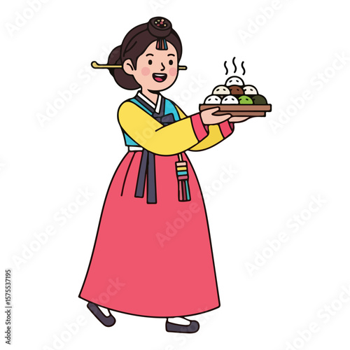Character in Korean hanbok holding rice cake, Chuseok festival. Vector flat design cartoon. AI generated images. 