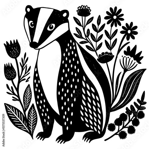 A charming badger graphic rendered in a folk art style, surrounded by a stylized floral arrangement for nature-inspired designs.