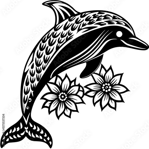 A stylized dolphin leaps among decorative flowers in a monochrome nautical theme, suitable for prints or coastal design applications.