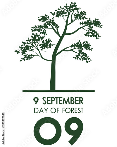 Green silhouette of a deciduous tree with lush foliage against a white background celebrating september ninth day of forest