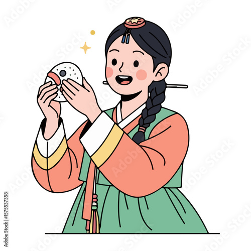 Character in Korean hanbok holding rice cake, Chuseok festival. Vector flat design cartoon. AI generated images. 