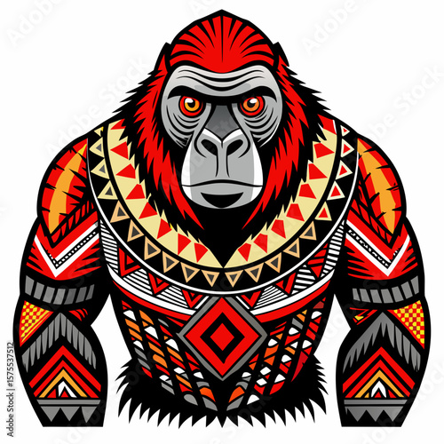 A decorative gorilla design is displayed in a vibrant style, ideal for tribal themes, animal art prints, or creative apparel projects.