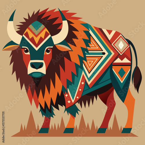 Stylized buffalo graphic with geometric tribal patterns, a vibrant wildlife design perfect for artistic projects and cultural themes.