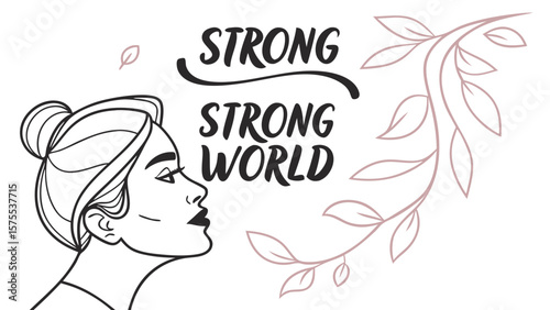 Empowering illustration of a woman s profile with the inspirational phrase strong strong world and delicate floral elements