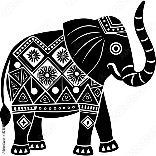 Ornate black elephant graphic with tribal and geometric designs, perfect for Indian themes and cultural festival celebrations.