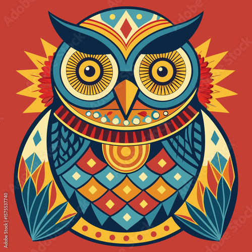 Decorative owl graphic in an ornamental style, perfect as an icon or design element with geometric shapes and a colorful palette.