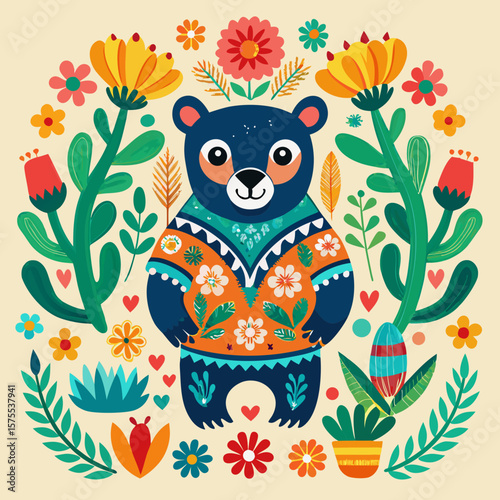 Decorative bear character in an ornate floral folk arrangement, ideal for whimsical designs and creative project applications.