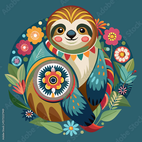 Whimsical sloth graphic with colorful floral elements and a decorative style, suitable for creative projects and artistic compositions.