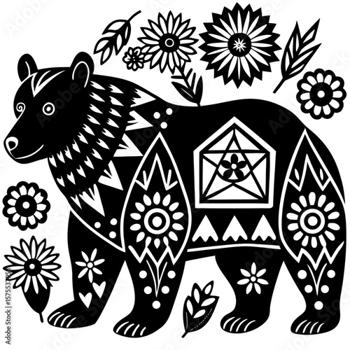 Decorative black bear graphic featuring folk art floral motifs, perfect for nature-themed designs, branding projects or printable craft templates.
