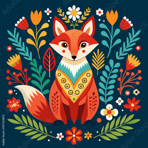 An endearing fox graphic surrounded by vibrant floral elements, perfect for creating eye-catching patterns or adding charm to various design projects.
