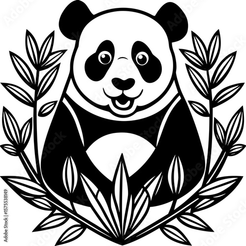 Charming panda with bamboo foliage creates a whimsical graphic, ideal for branding, logos, or delightful design projects with an oriental theme.