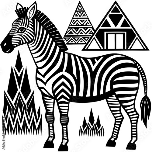Striking zebra with geometric patterns in black and white offers a bold design, perfect for wildlife themes and graphical applications.