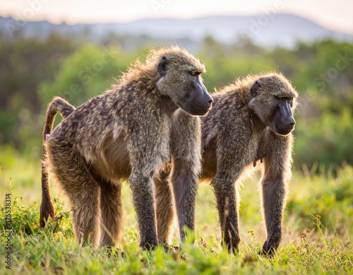 Baboons in grassland at sunset