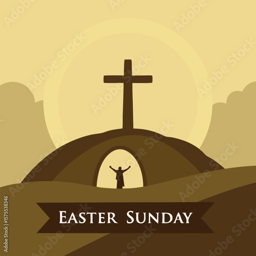 Easter Sunday Illustration with Cross and Figure tomb