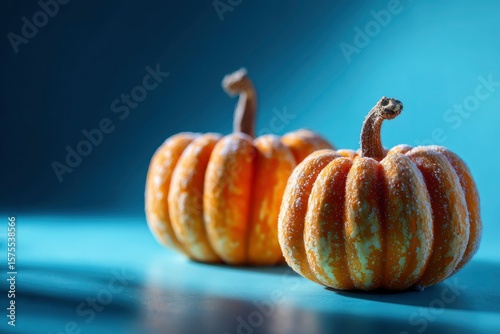 Two orange pumpkins with white speckles sit on a blue surface one slightly blurred in the background