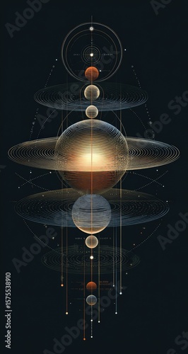 Abstract cosmic diagram, layered spheres, celestial
