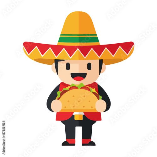 Character with taco and Mexican hat, Mexican Independence Day. Vector flat design cartoon. AI generated images. 