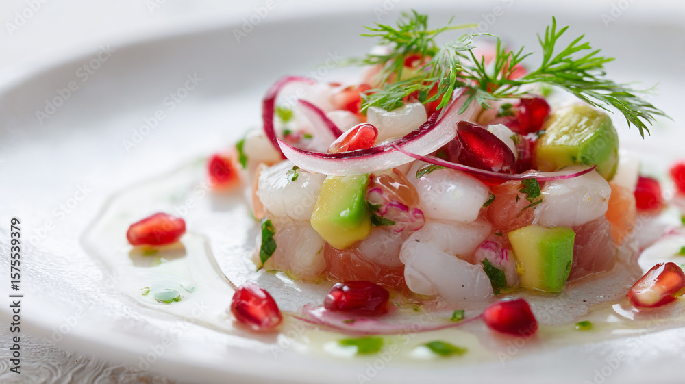 Vibrant ceviche dish featuring fresh seafood, avocado, red onion, and pomegranate seeds, garnished with dill, presented white plate. colorful ingredients create appetizing and elegant presentation Vibrant ceviche dish featuring fresh seafood, avocado, red onion, and pomegranate seeds, garnished with dill, presented white plate. colorful ingredients create appetizing and elegant presentation