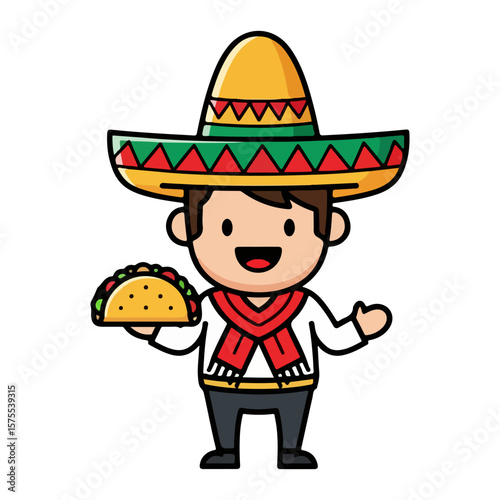 Character with taco and Mexican hat, Mexican Independence Day. Vector flat design cartoon. AI generated images. 