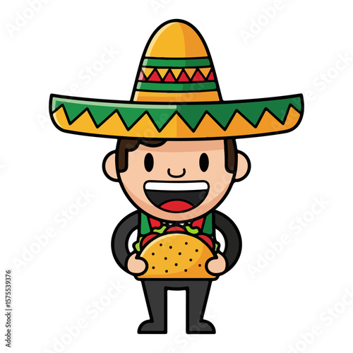 Character with taco and Mexican hat, Mexican Independence Day. Vector flat design cartoon. AI generated images. 