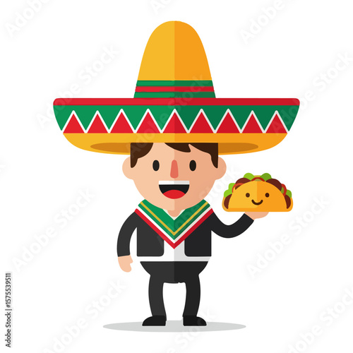 Character with taco and Mexican hat, Mexican Independence Day. Vector flat design cartoon. AI generated images. 