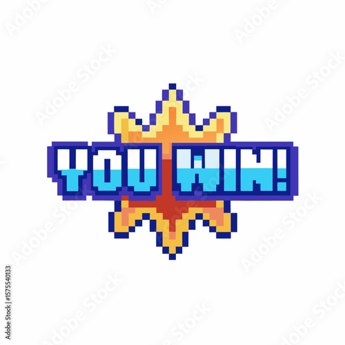 Pixelated you win text with retro starburst background, gaming victory message, colorful arcade celebration icon
