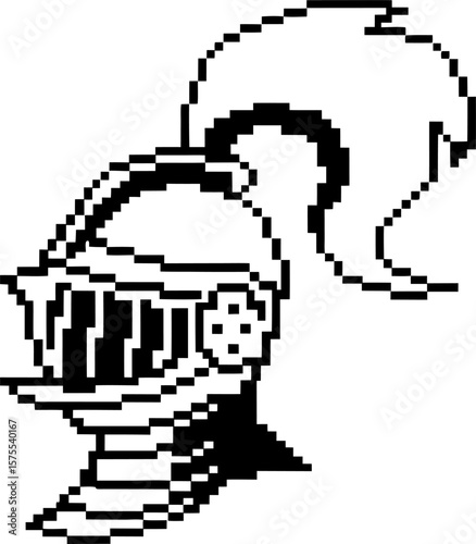 Pixel art medieval knight helmet retro black and white armor illustration with plume, vintage gaming icon, simple graphic design