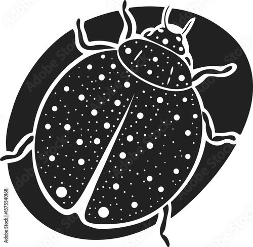 Ladybug silhouette with detailed spotted wings insect graphic, black and white beetle, isolated bug illustration