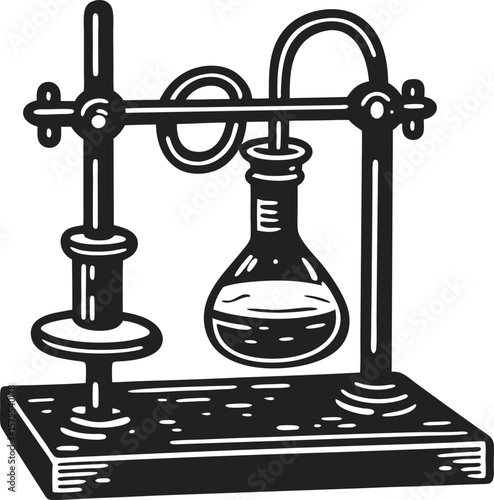 Vintage chemistry laboratory stand with clamp holding erlenmeyer flask, classic scientific equipment illustration