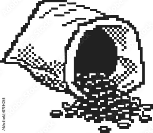 Pixel art burlap sack spilling coffee beans retro black and white grain pattern, vintage digital icon illustration