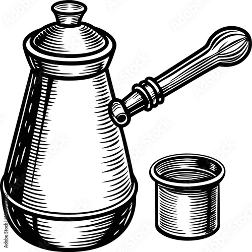 Traditional turkish coffee pot with cup, hand drawn etching vintage monochrome illustration, kitchen utensil, hot beverage