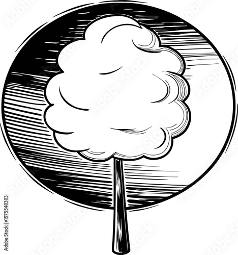 Sweet cotton candy illustration hand drawn sketch dessert on stick, retro fairground treat, confectionery food art