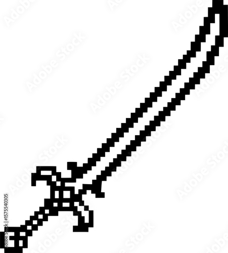 Pixel art fantasy sword with curved blade retro video game weapon icon, black outline, digital medieval steel concept