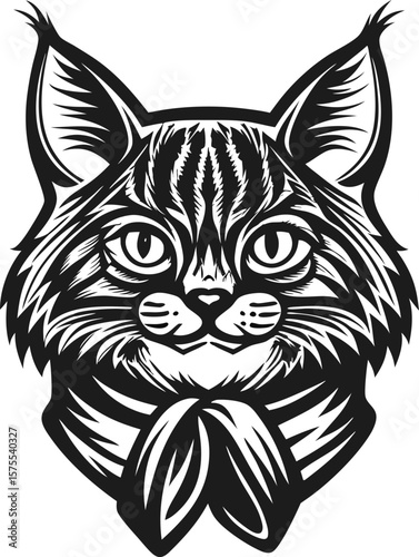Wild lynx portrait in bold black line art, feline head with pointed ears and patterned fur, decorative bandana neck design