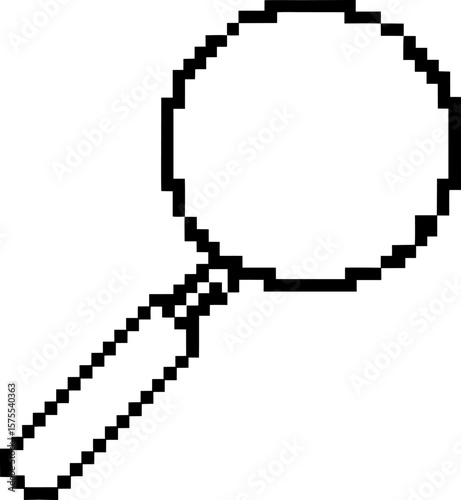 Pixelated magnifying glass icon simple digital search symbol, black and white outline, retro graphics