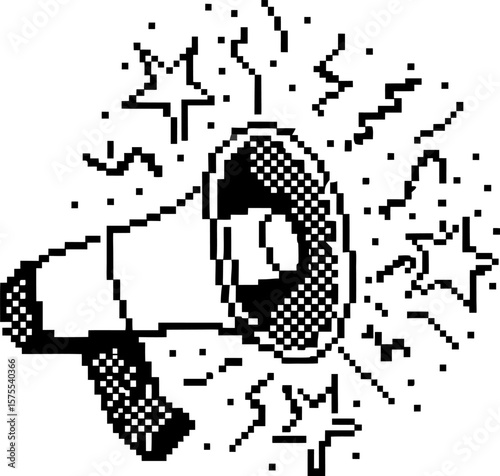 Pixel megaphone symbol with stars and sound lines black and white vintage communication device, digital media illustration