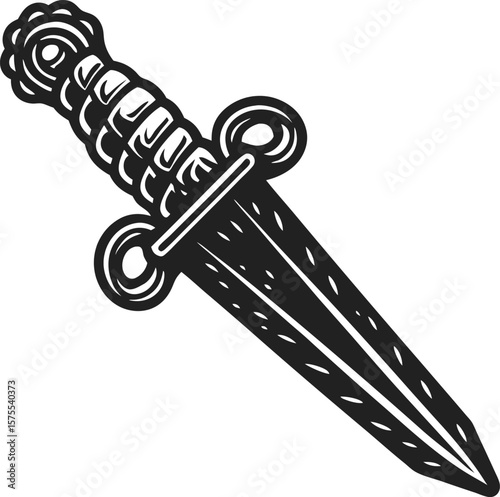 Vintage ornate dagger illustration classic decorative short blade weapon, black and white hand drawn for retro design