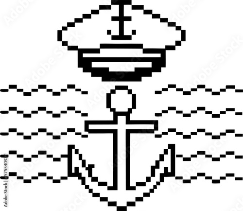 Pixel art anchor with captain's hat above sea waves nautical retro maritime symbol, black and white, digital minimal