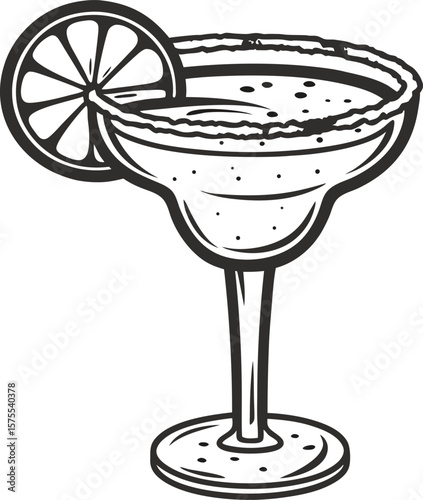 Classic margarita cocktail glass with salted rim and citrus slice garnish hand drawn black and white illustration, refreshing drink