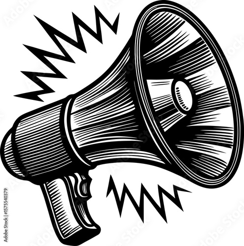 Vintage megaphone making announcement hand drawn black and white loudspeaker emitting sound waves, retro communication