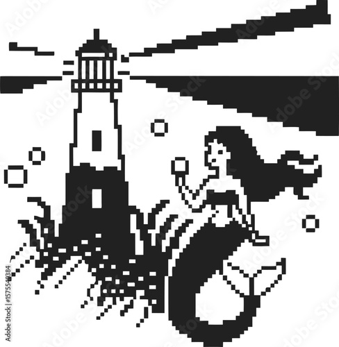 Pixel art mermaid swimming near lighthouse, ocean waves, bubbles, and light beams fantasy nautical retro black and white illustration