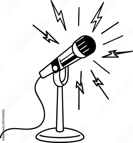 Microphone on stand with dynamic sound waves audio performance, vocal recording equipment, music and broadcast concept