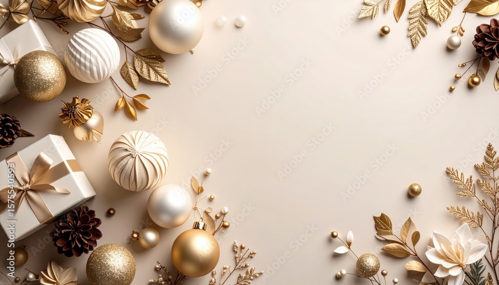 Obraz premium Elegant gold and white christmas decorations cozy home festive arrangement warm atmosphere top view holiday spirit