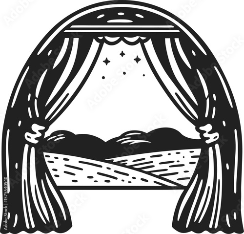 Curtains opening to reveal night landscape with rolling hills and stars retro theater stage, dramatic scene illustration