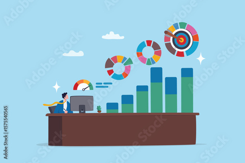 Business metrics success measurement, growth progress diagram research, planning development diagram chart, performance analysis, businessman work with computer with business measuring metrics.