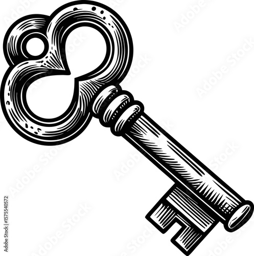 Vintage ornate skeleton key illustration antique metal lock opener, old fashioned security symbol, hand drawn engraving