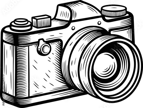 Classic vintage camera hand drawn illustration retro equipment, detailed etching, timeless analog device, nostalgia